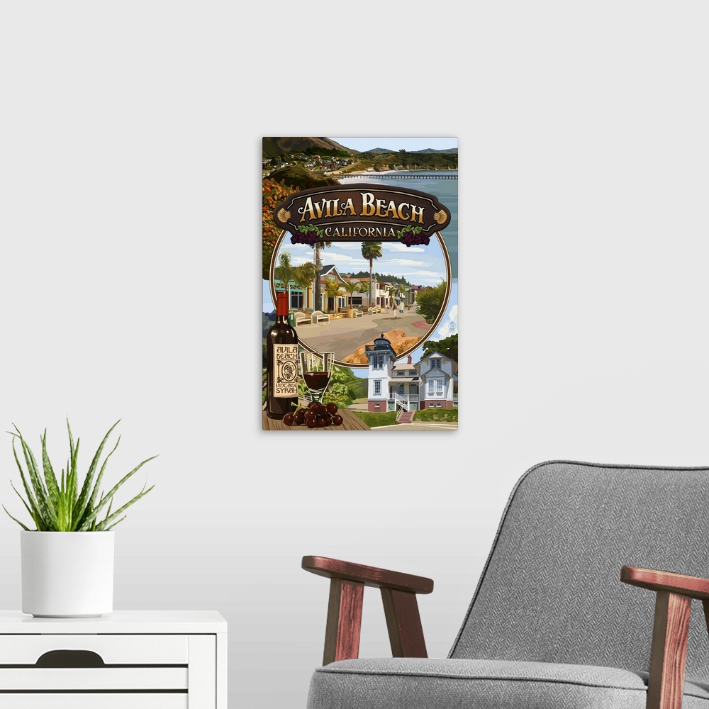 A modern room featuring Retro stylized art poster of a montage of images from a coastal town.