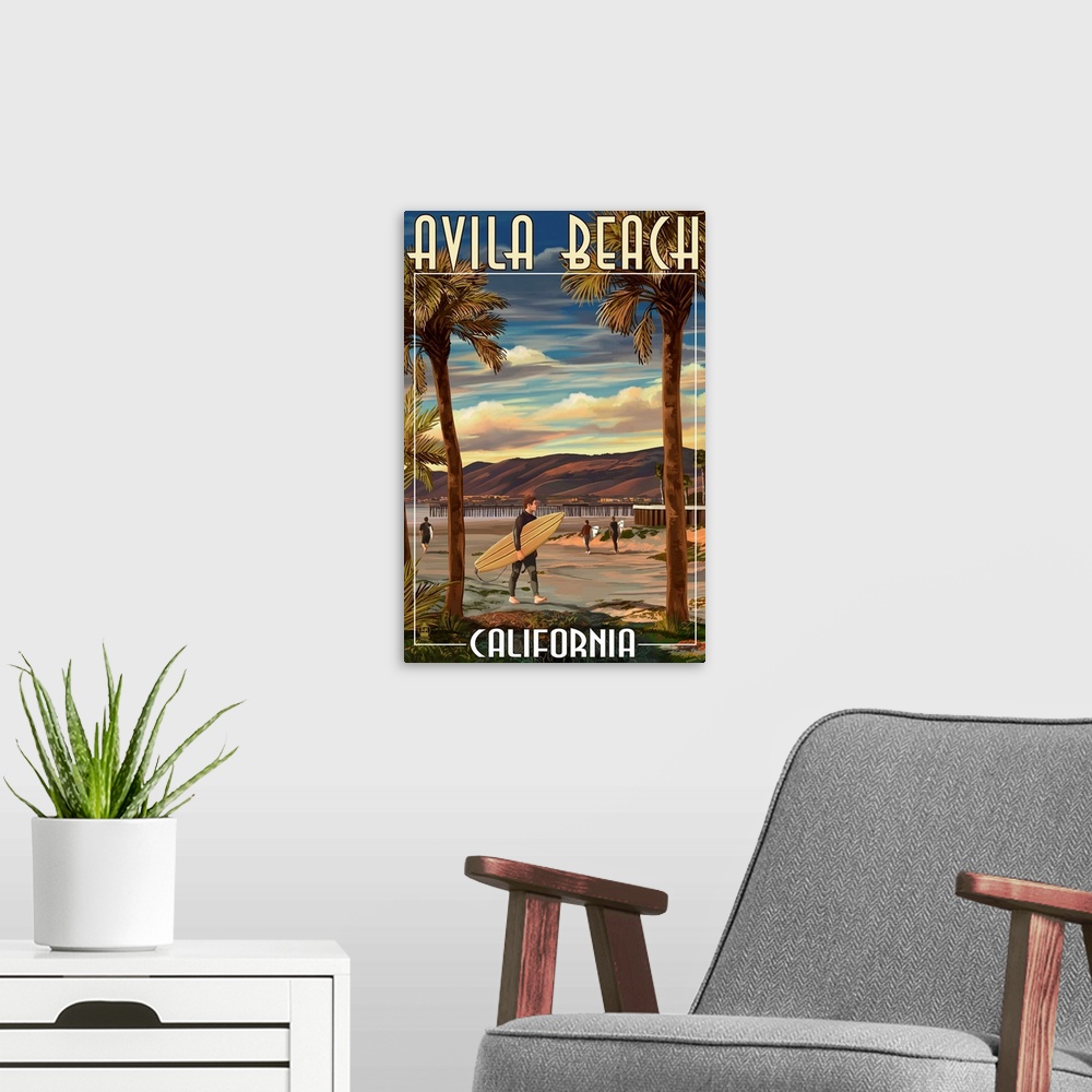 A modern room featuring Avila Beach, California - Surfer and Pier: Retro Travel Poster