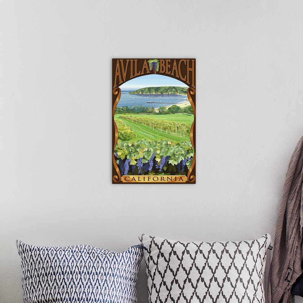 A bohemian room featuring Avila Beach, California - Vineyard and Ocean Scene: Retro Travel Poster