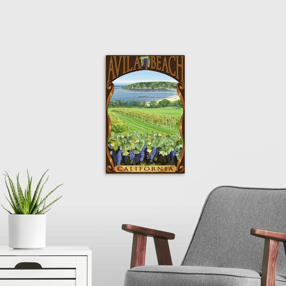 A modern room featuring Avila Beach, California - Vineyard and Ocean Scene: Retro Travel Poster