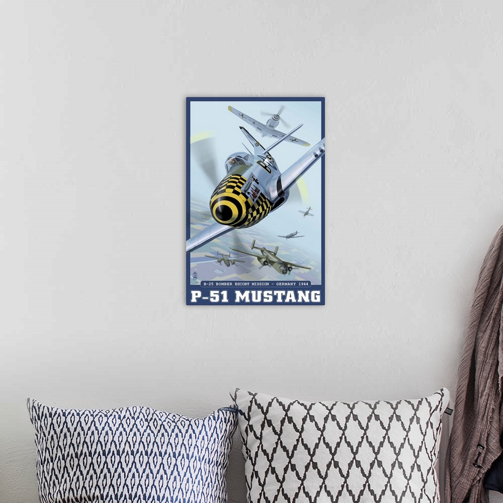 A bohemian room featuring B-25 Bomber Escort Mission - P-51 Mustang: Retro Travel Poster