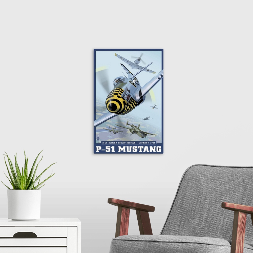 A modern room featuring B-25 Bomber Escort Mission - P-51 Mustang: Retro Travel Poster
