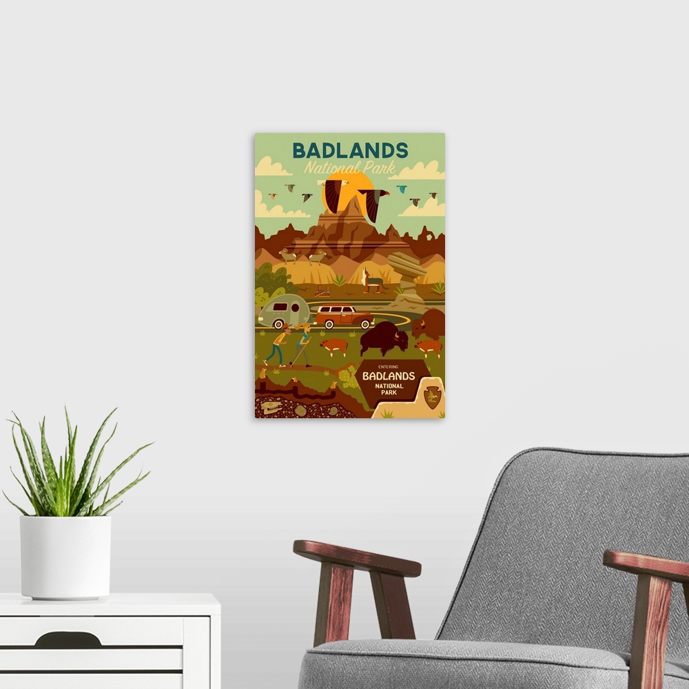 A modern room featuring Badlands National Park, Adventure: Graphic Travel Poster