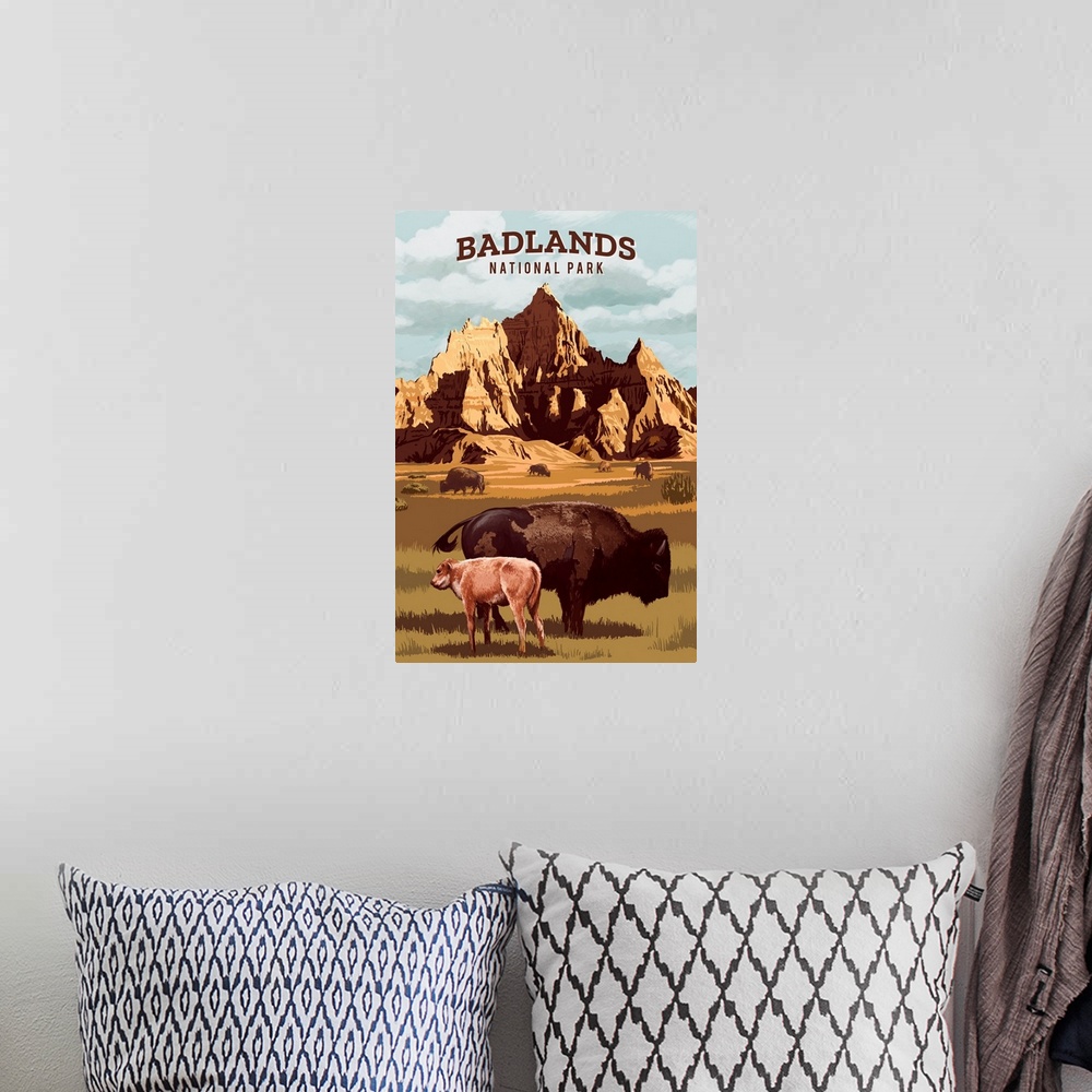 A bohemian room featuring Badlands National Park, Bison And Calf: Retro Travel Poster