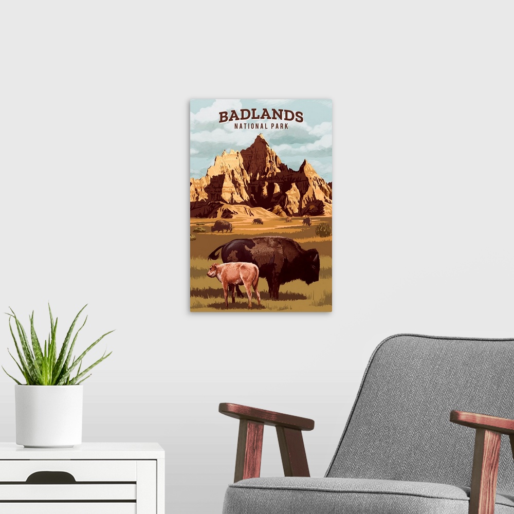 A modern room featuring Badlands National Park, Bison And Calf: Retro Travel Poster