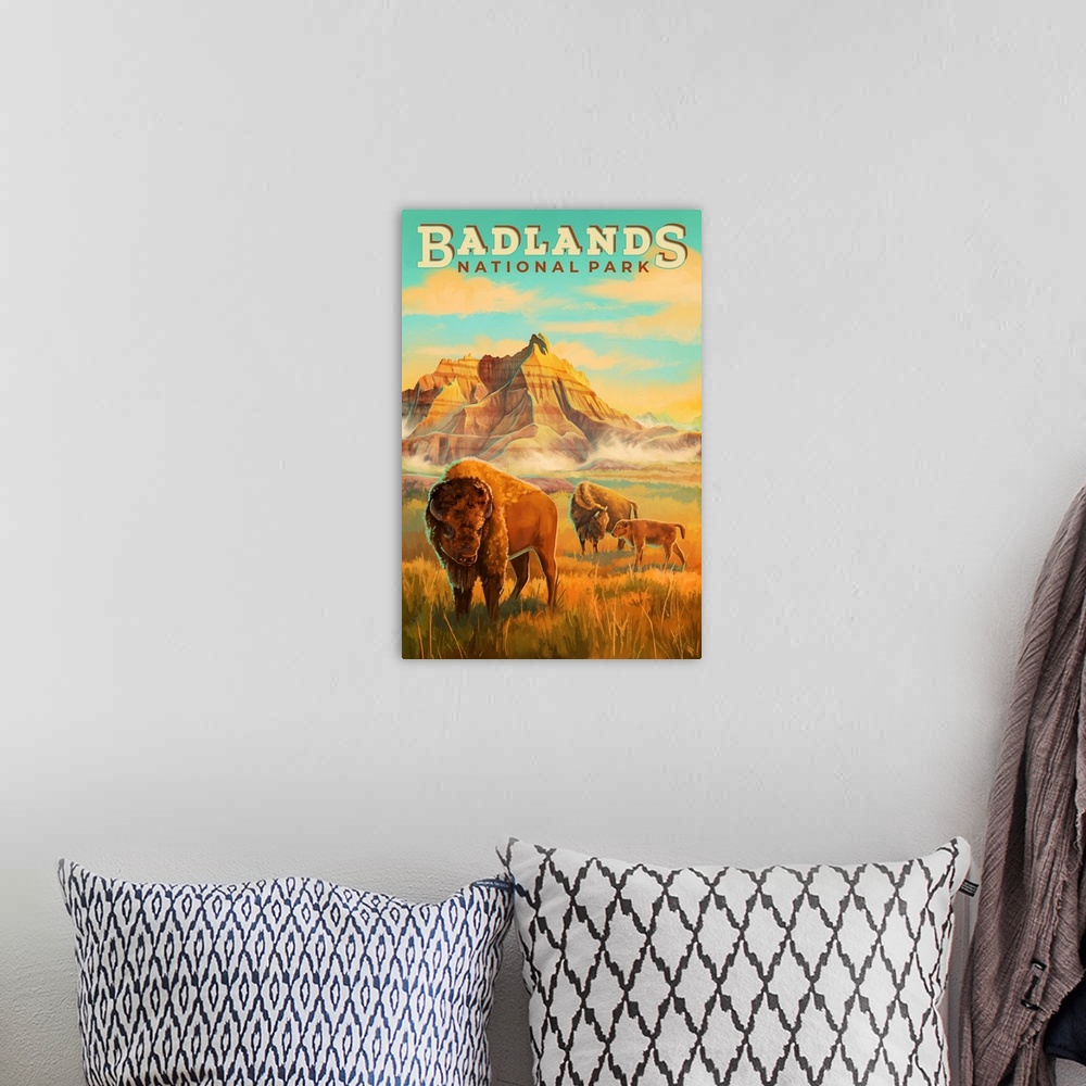 A bohemian room featuring Badlands National Park, Bison Grazing: Retro Travel Poster