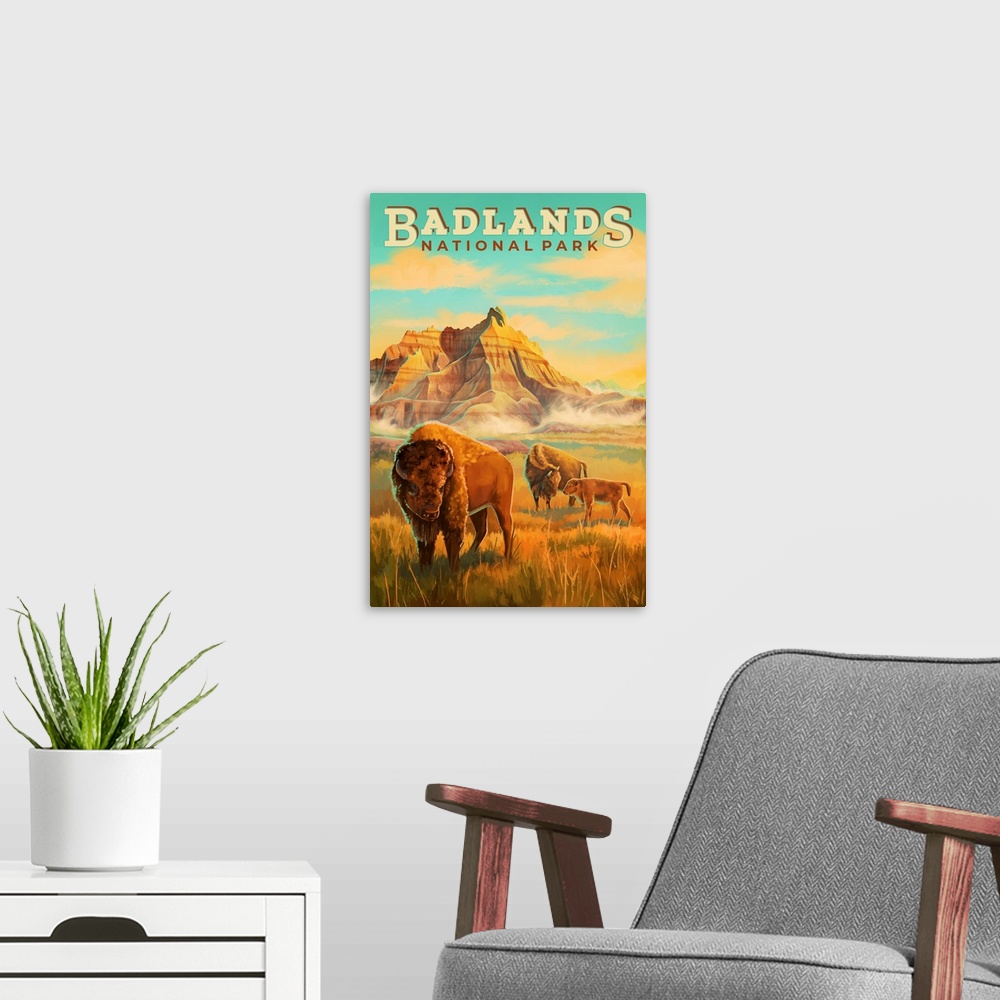 A modern room featuring Badlands National Park, Bison Grazing: Retro Travel Poster