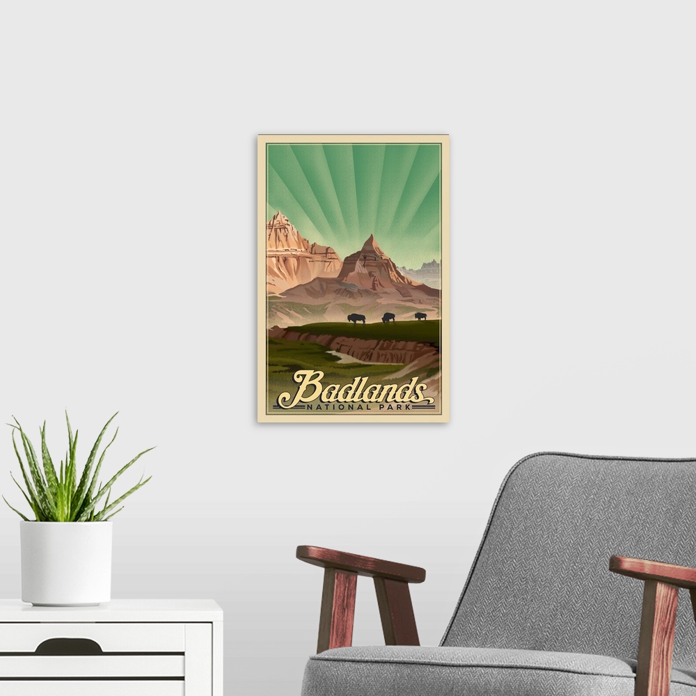 A modern room featuring Badlands National Park, Bison Silhouettes And Mountains: Retro Travel Poster