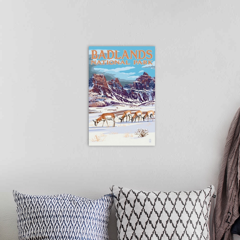 A bohemian room featuring Badlands National Park, South Dakota - Antelope in Winter: Retro Travel Poster