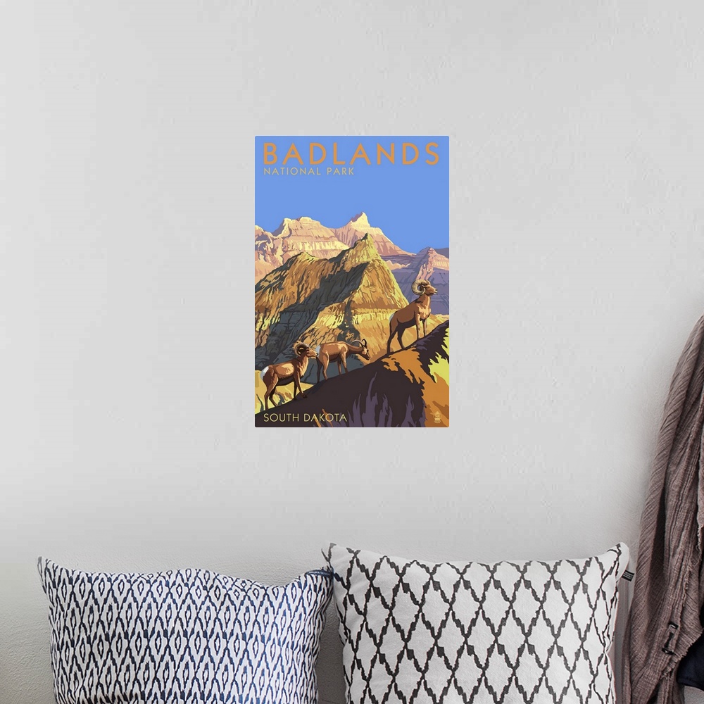 A bohemian room featuring Badlands National Park, South Dakota - Bighorn Sheep: Retro Travel Poster