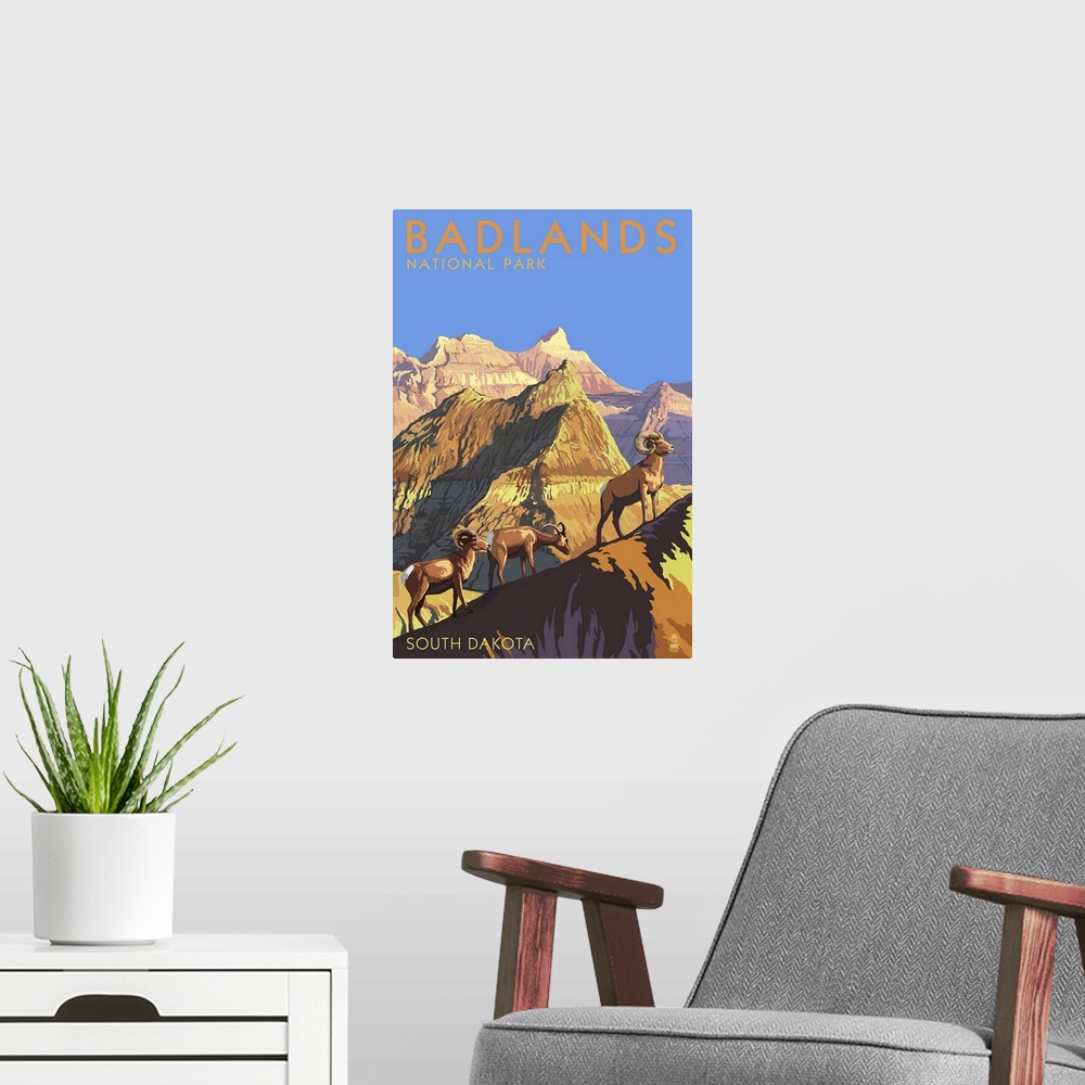 A modern room featuring Badlands National Park, South Dakota - Bighorn Sheep: Retro Travel Poster