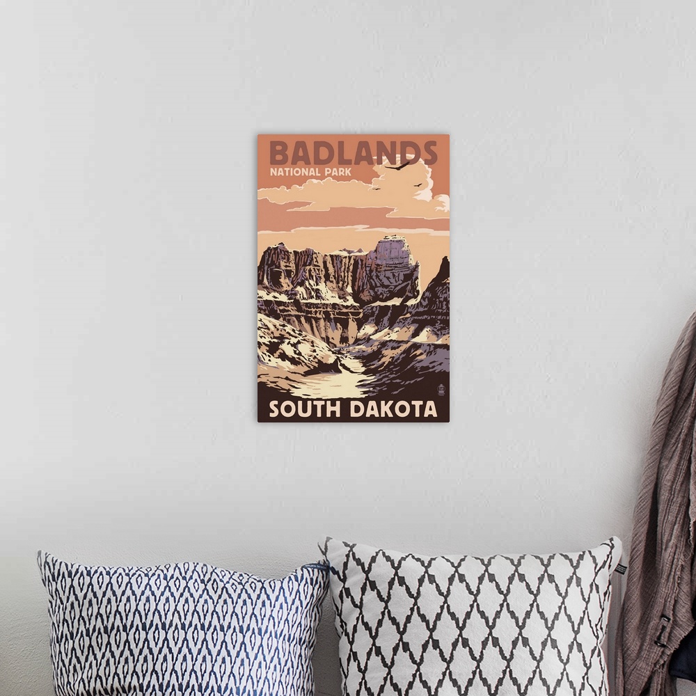 A bohemian room featuring Badlands National Park, South Dakota - Castle Rock: Retro Travel Poster
