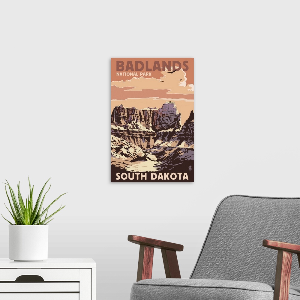 A modern room featuring Badlands National Park, South Dakota - Castle Rock: Retro Travel Poster