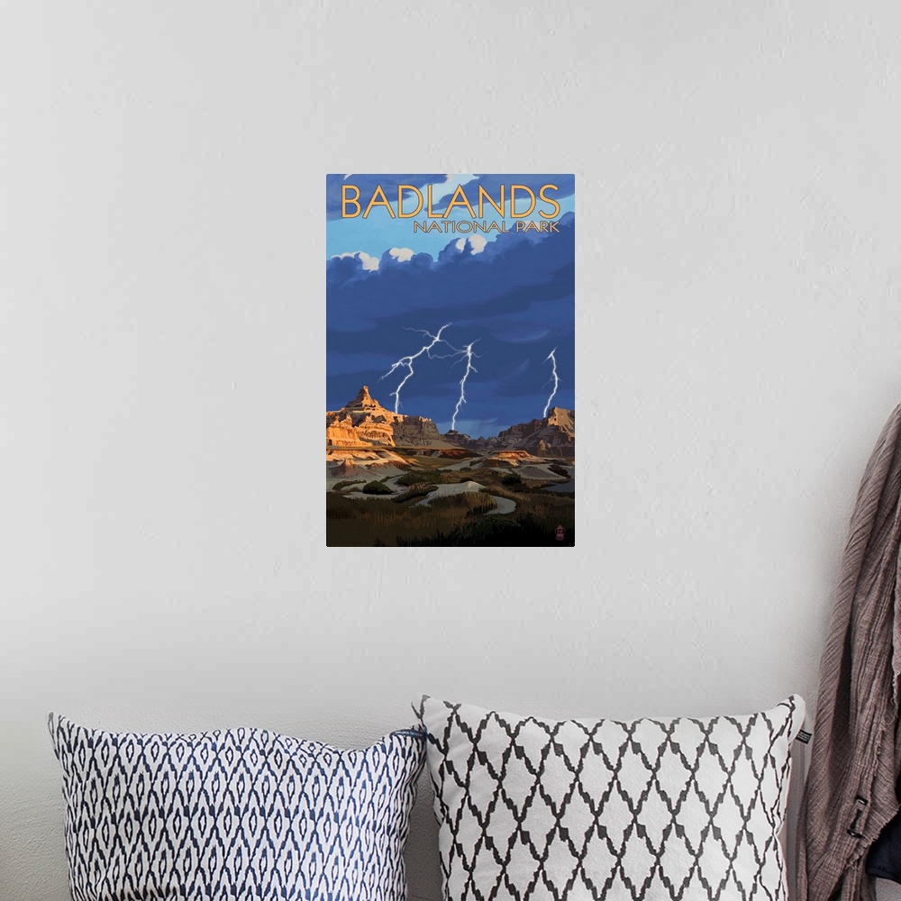 A bohemian room featuring Badlands National Park, South Dakota - Lightning Storm: Retro Travel Poster