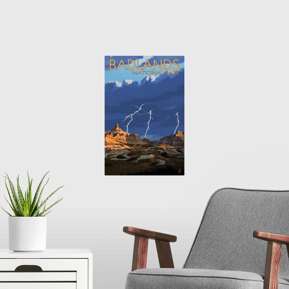 A modern room featuring Badlands National Park, South Dakota - Lightning Storm: Retro Travel Poster