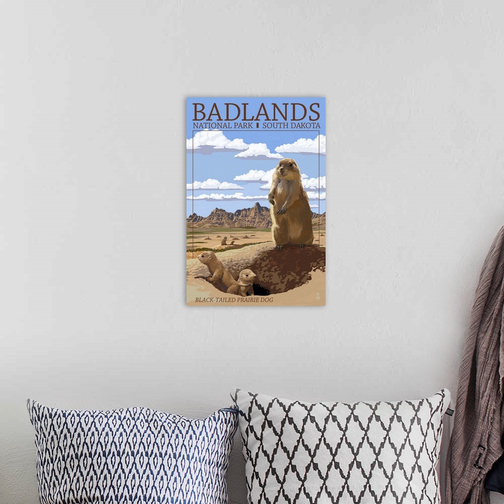 A bohemian room featuring Badlands National Park, South Dakota - Prairie Dogs: Retro Travel Poster