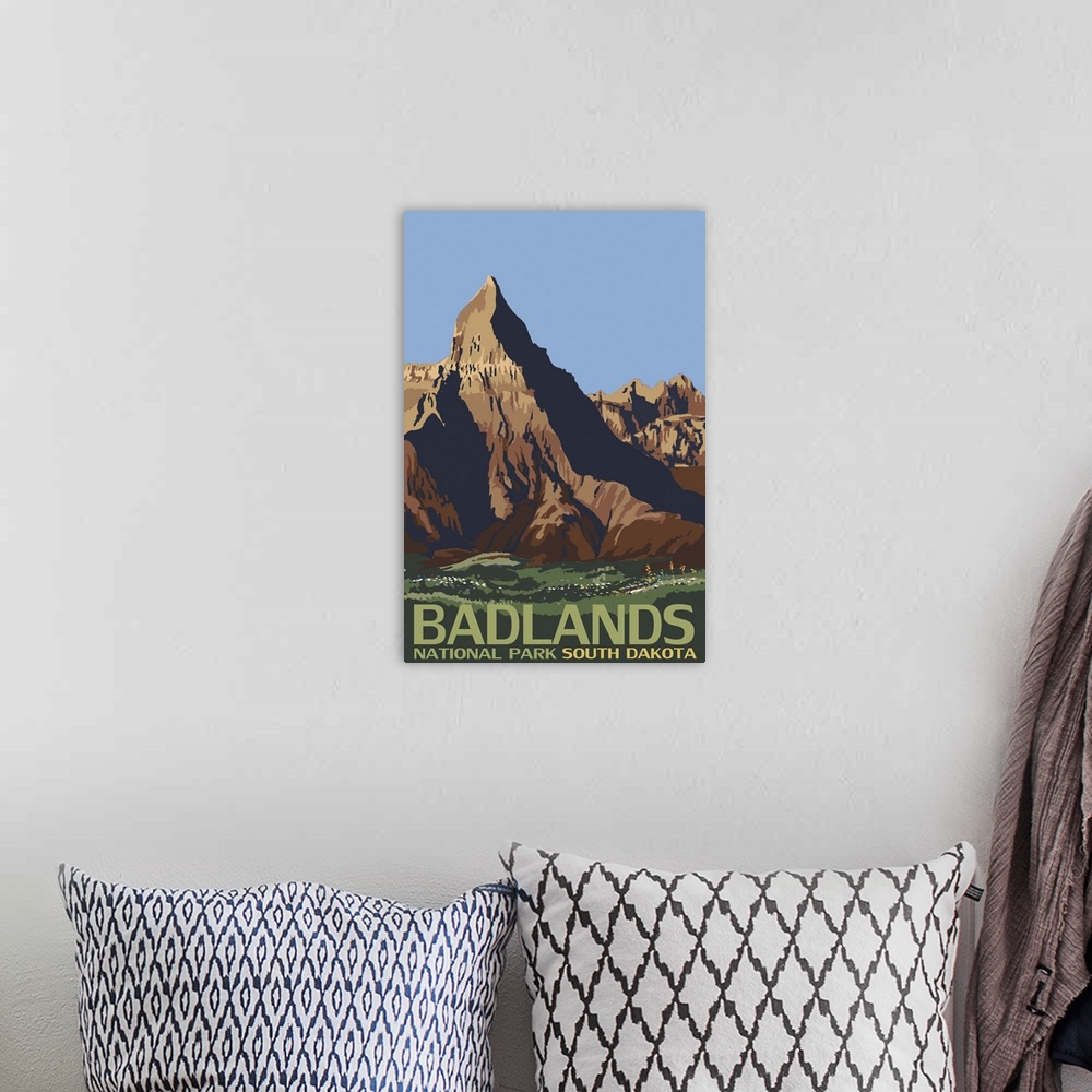 A bohemian room featuring Badlands National Park, South Dakota: Retro Travel Poster