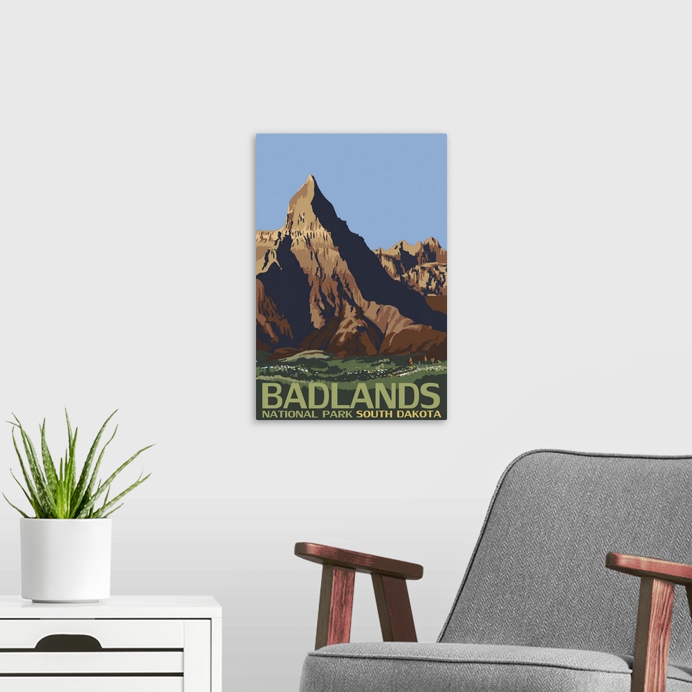 A modern room featuring Badlands National Park, South Dakota: Retro Travel Poster