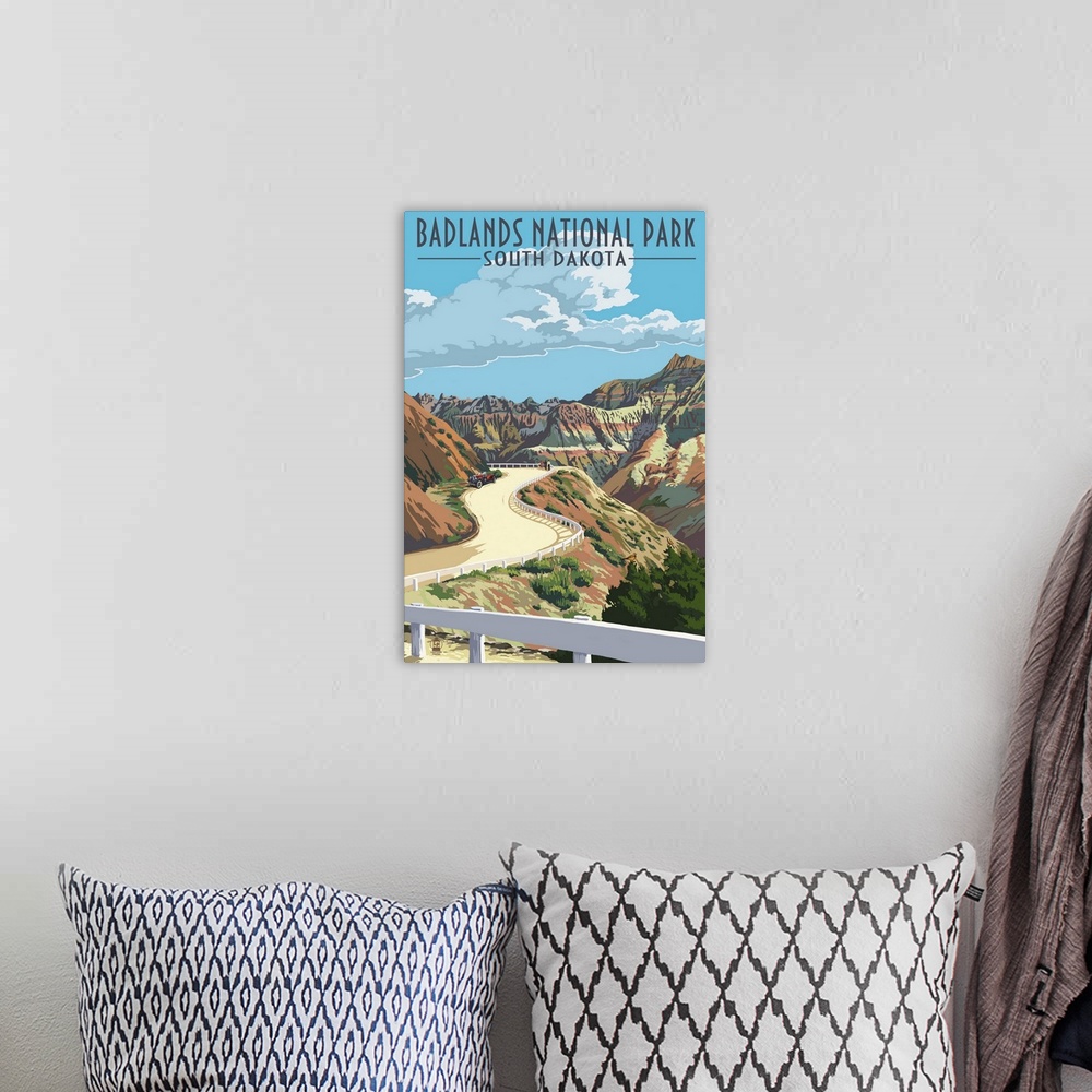 A bohemian room featuring Badlands National Park, South Dakota - Road Scene: Retro Travel Poster