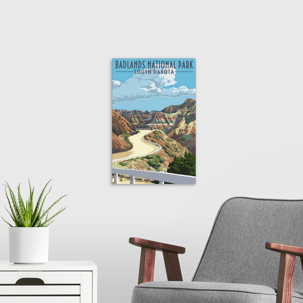 A modern room featuring Badlands National Park, South Dakota - Road Scene: Retro Travel Poster