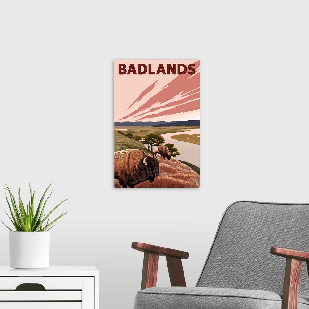 A modern room featuring Badlands, North Dakota, Bison and Buttes