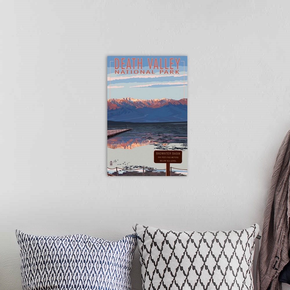 A bohemian room featuring Retro stylized art poster of mountain range being reflected in a lake.