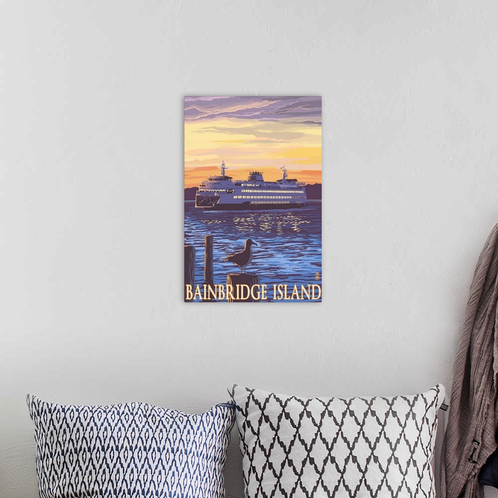 A bohemian room featuring Bainbridge Island, WA - Ferry and Sunset: Retro Travel Poster