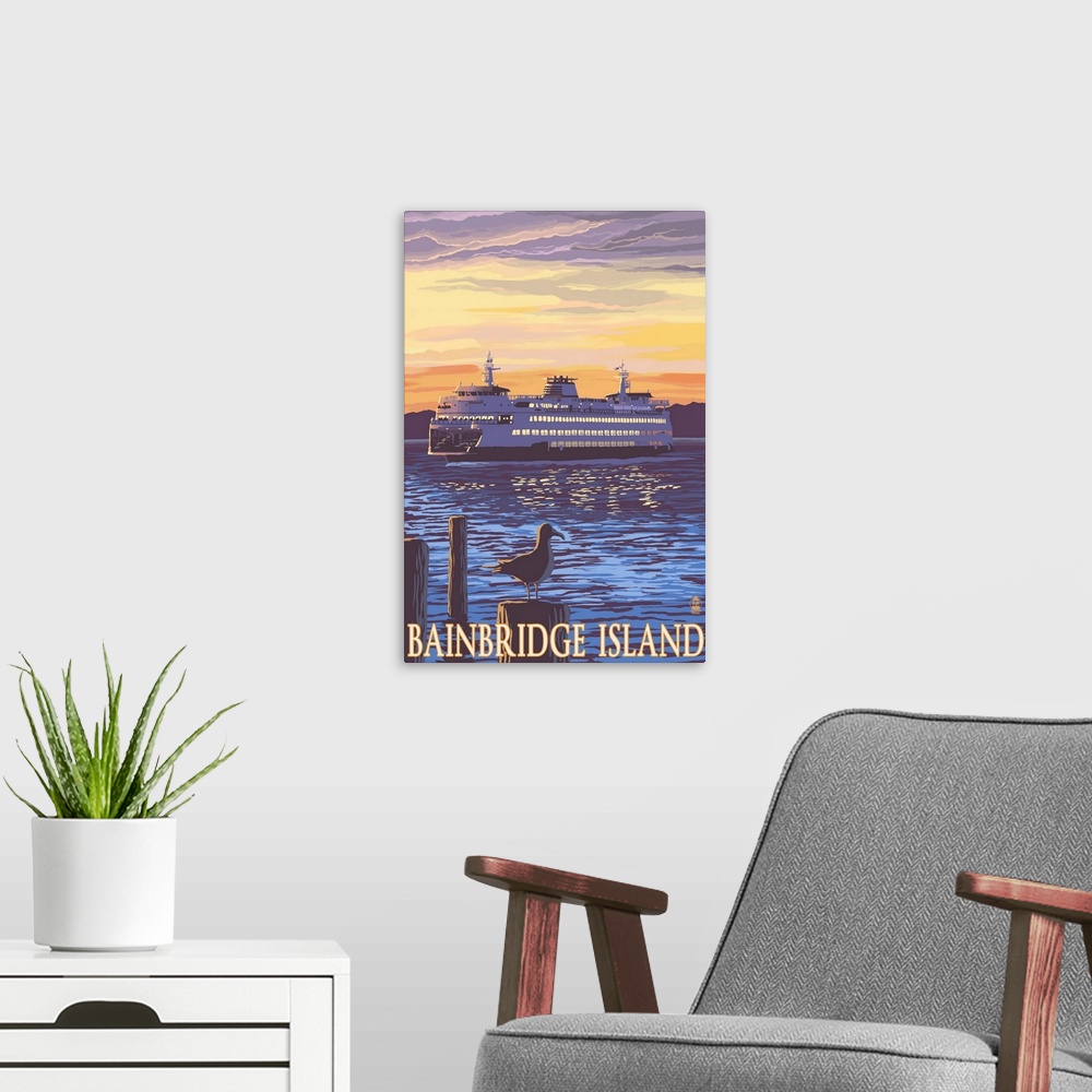 A modern room featuring Bainbridge Island, WA - Ferry and Sunset: Retro Travel Poster
