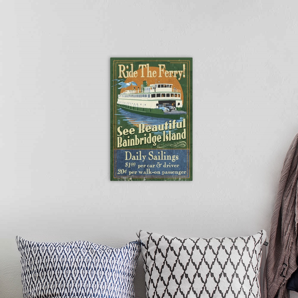 A bohemian room featuring Bainbridge Island, Washington - Ferry Ride Vintage Sign: Retro Travel Poster