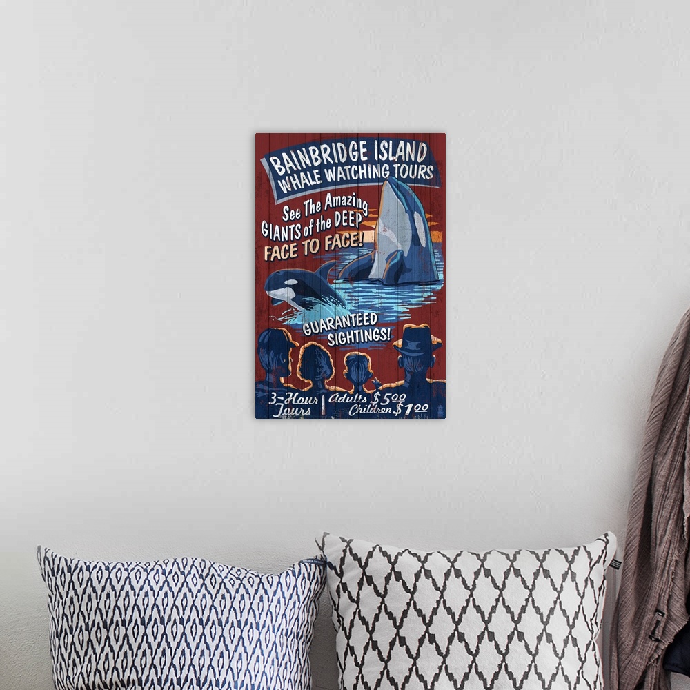 A bohemian room featuring Bainbridge Island, Washington - Orca Whale Watching Vintage Sign: Retro Travel Poster