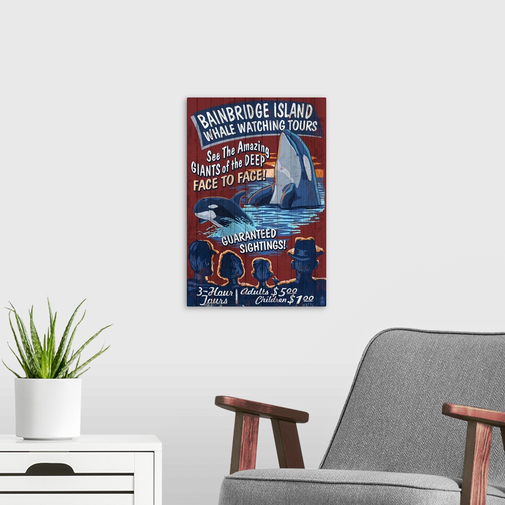 A modern room featuring Bainbridge Island, Washington - Orca Whale Watching Vintage Sign: Retro Travel Poster