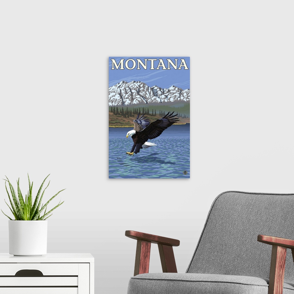 A modern room featuring Bald Eagle Diving - Montana: Retro Travel Poster