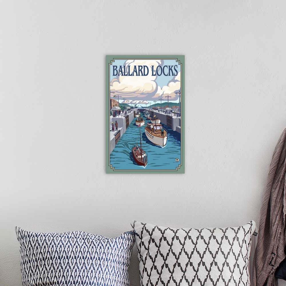 A bohemian room featuring Ballard Locks - Seattle: Retro Travel Poster