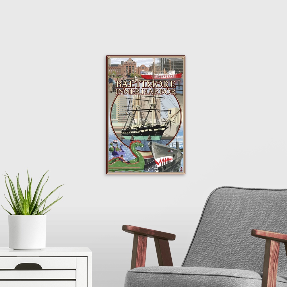 A modern room featuring Baltimore Inner Harbor Scenes - Maryland: Retro Travel Poster