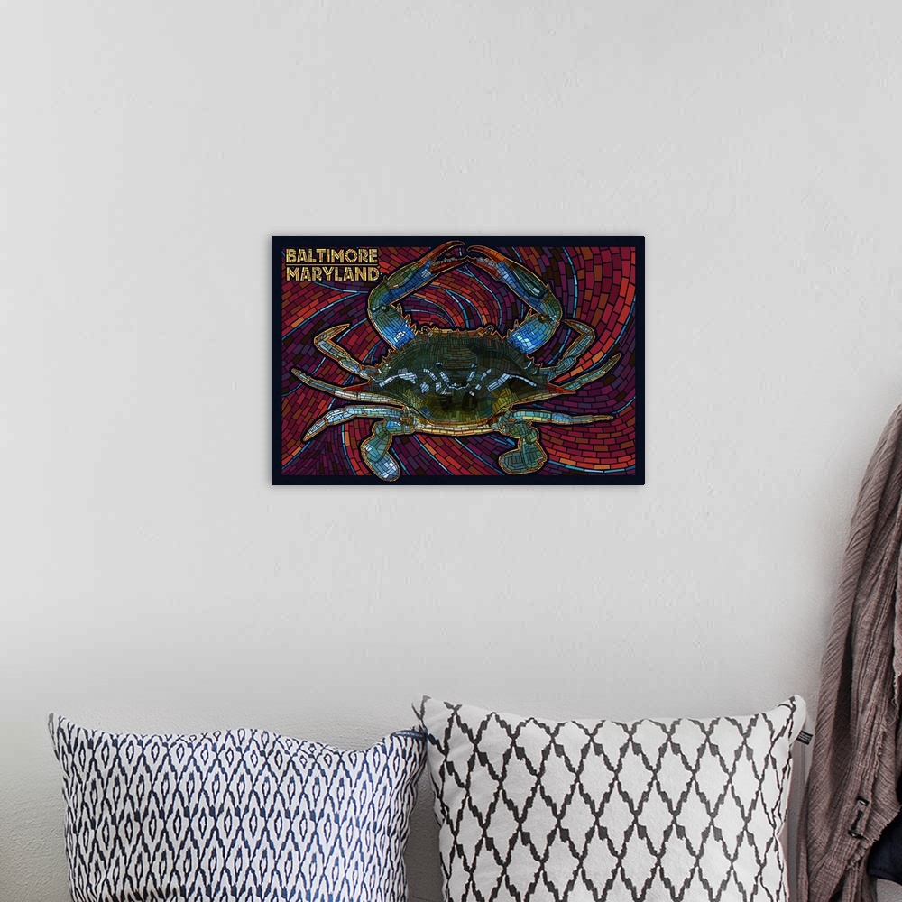 A bohemian room featuring Baltimore, Maryland - Blue Crab Paper Mosaic: Retro Travel Poster