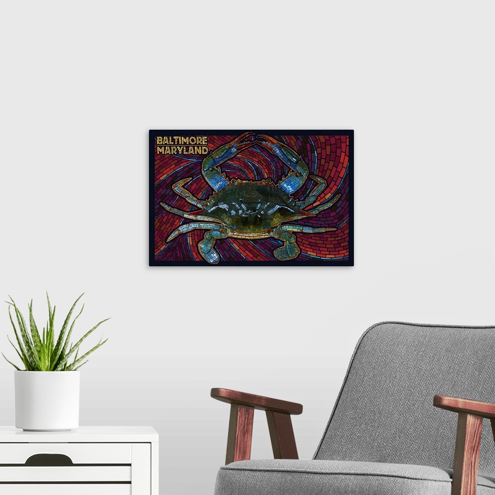 A modern room featuring Baltimore, Maryland - Blue Crab Paper Mosaic: Retro Travel Poster