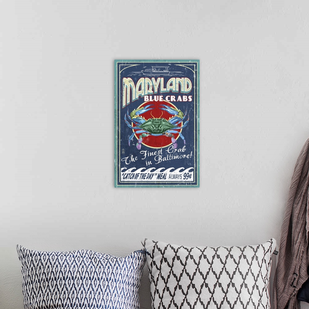A bohemian room featuring Retro stylized art poster of seafood market sign displaying blue crab.