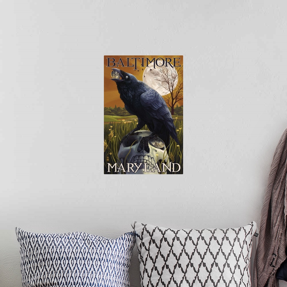 A bohemian room featuring Baltimore, Maryland - Raven and Skull: Retro Travel Poster