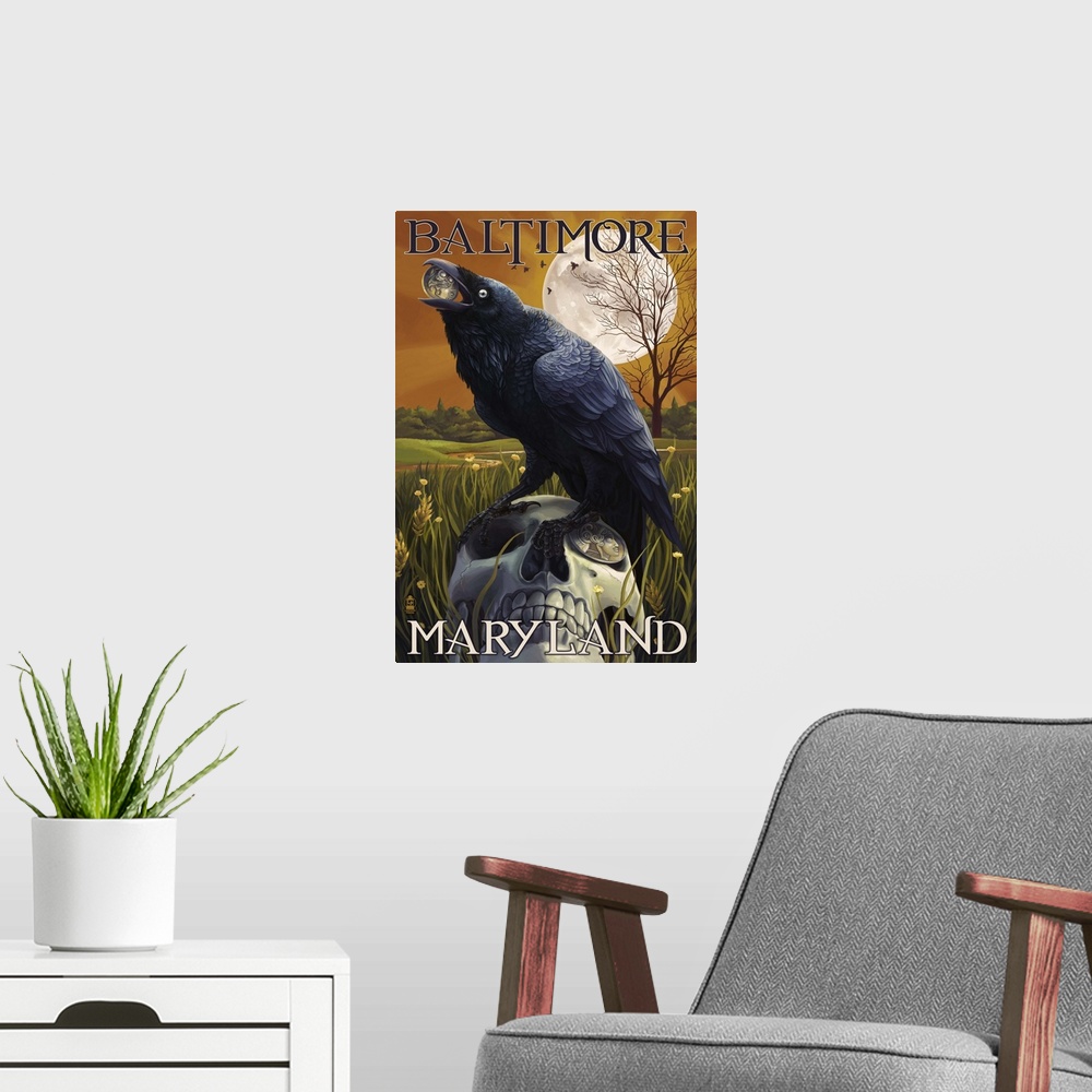 A modern room featuring Baltimore, Maryland - Raven and Skull: Retro Travel Poster