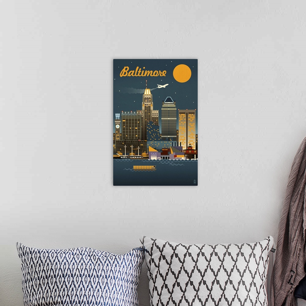A bohemian room featuring Baltimore, Maryland - Retro Skyline: Retro Travel Poster