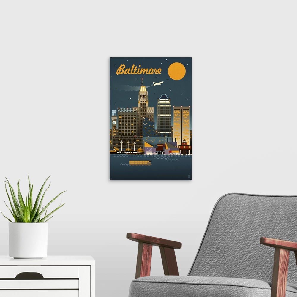 A modern room featuring Baltimore, Maryland - Retro Skyline: Retro Travel Poster