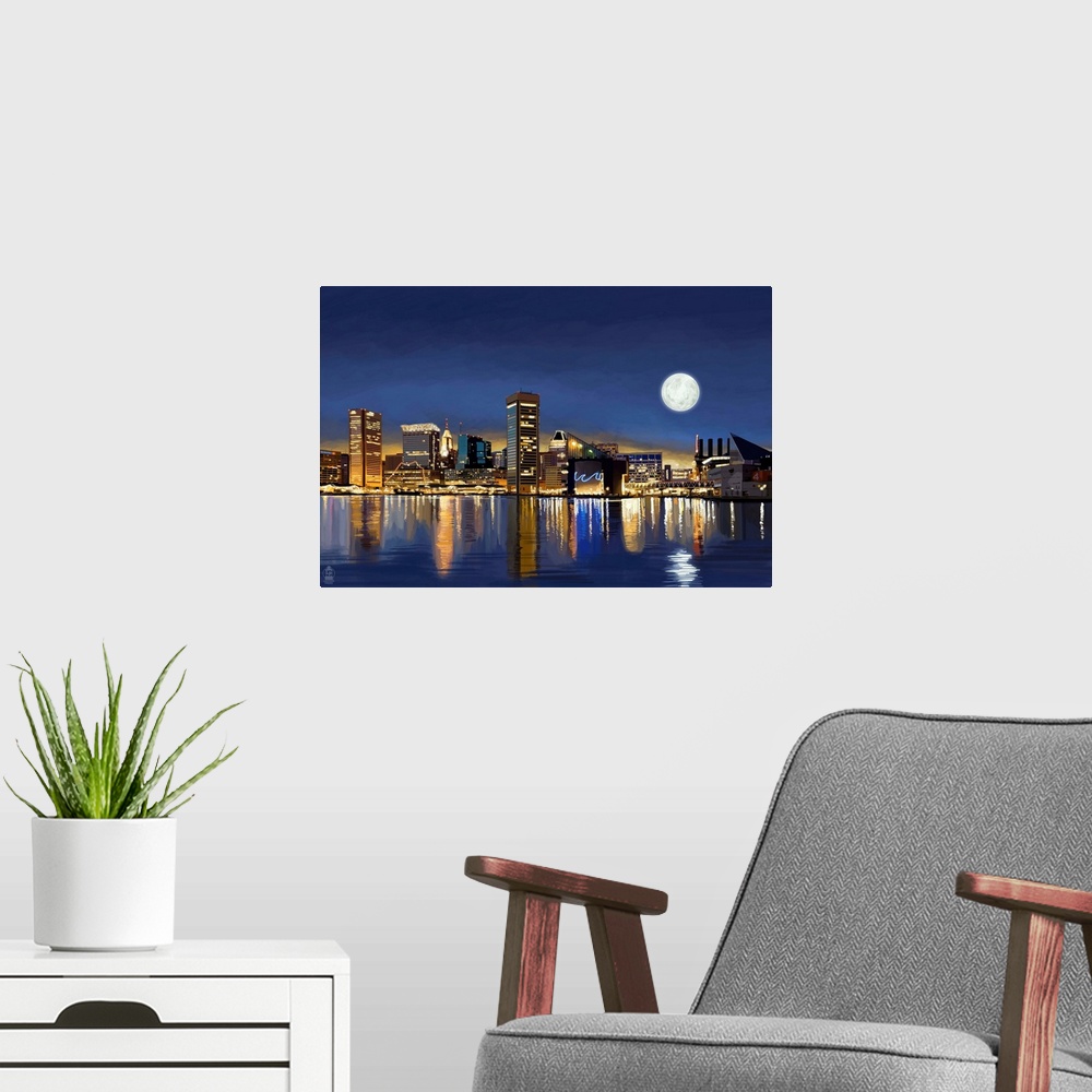 A modern room featuring Baltimore, Maryland, Skyline at Night