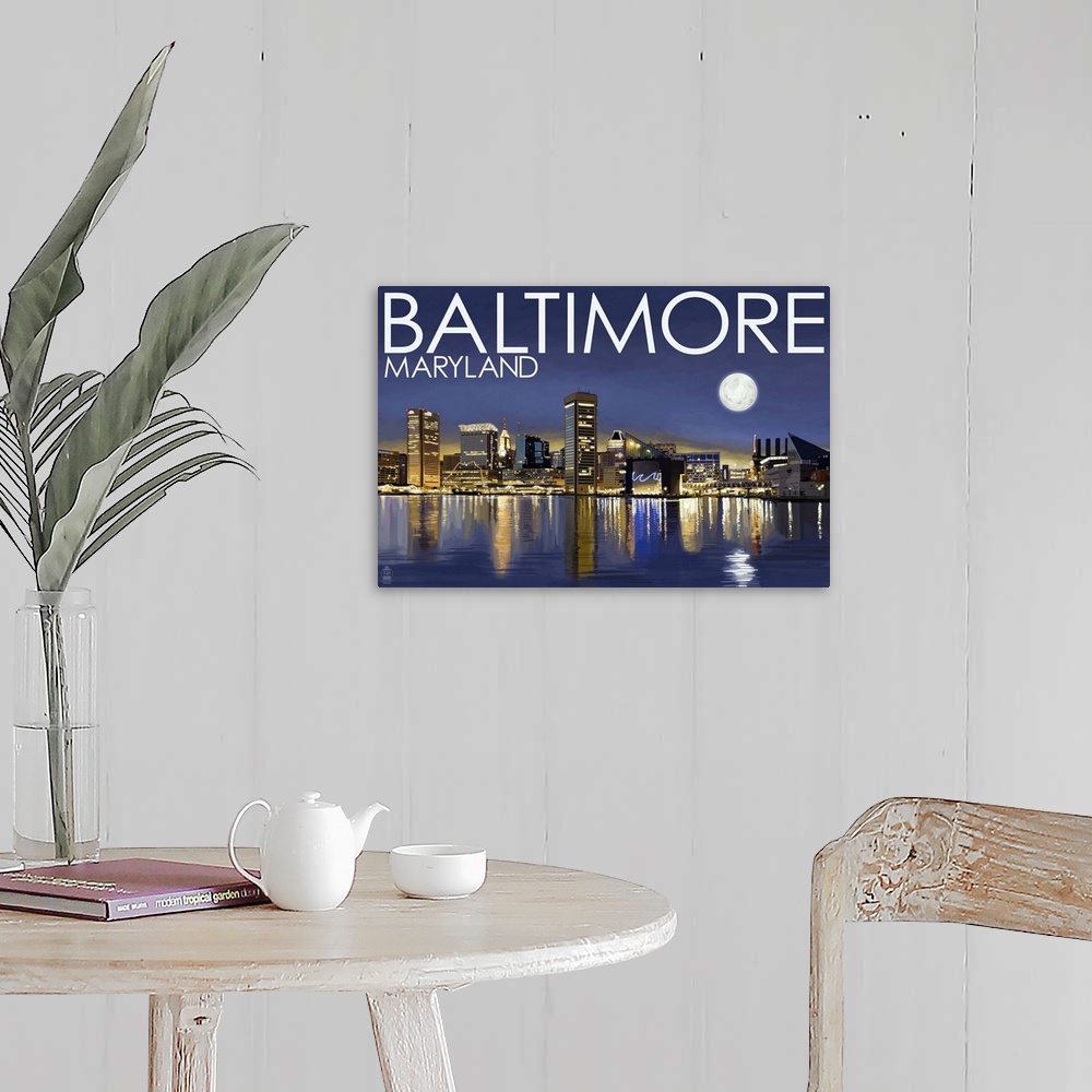 A farmhouse room featuring Retro stylized art poster of a city skyline at night. With a giant moon in the night sky.