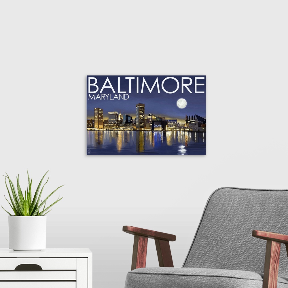 A modern room featuring Retro stylized art poster of a city skyline at night. With a giant moon in the night sky.