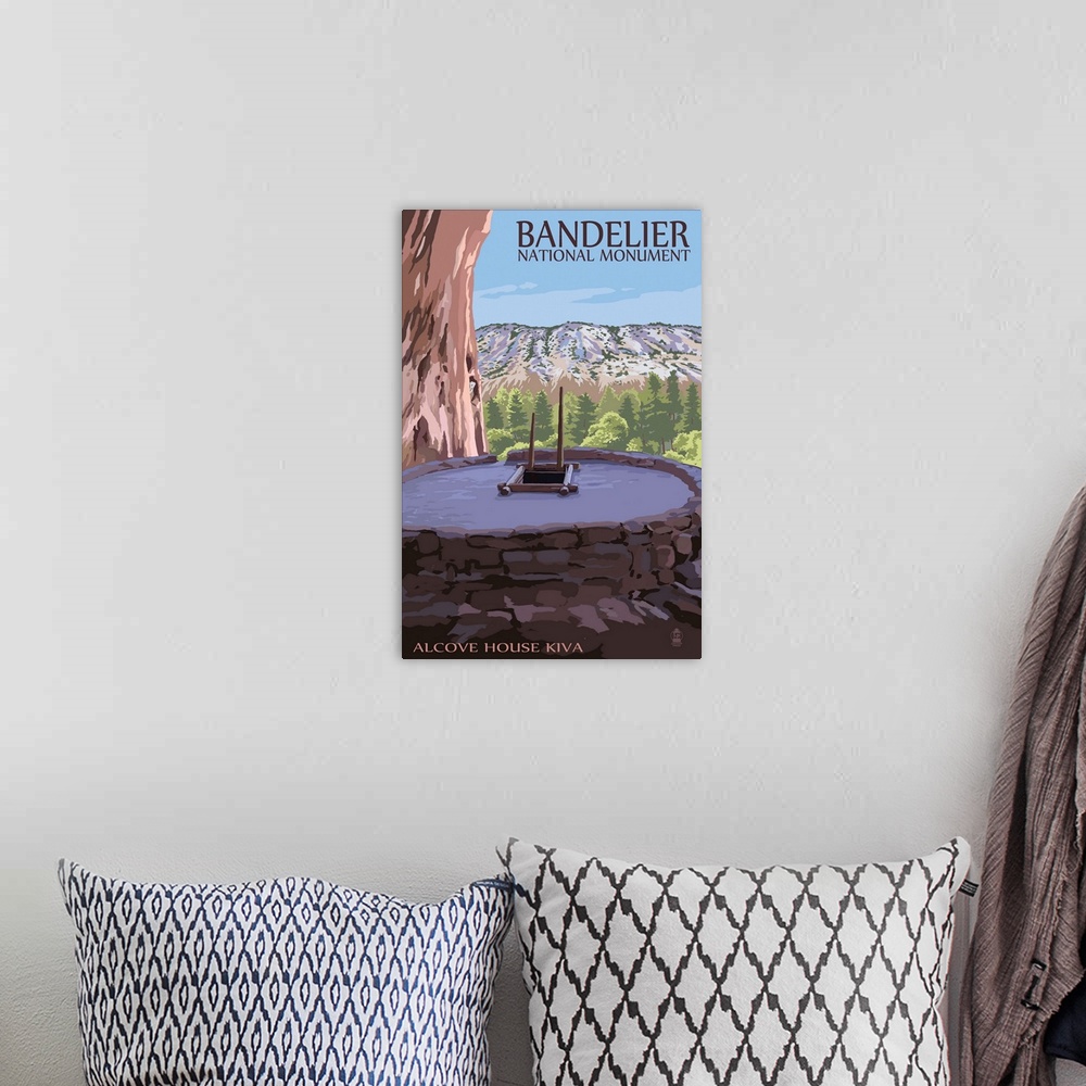 A bohemian room featuring Bandelier National Monument, New Mexico - Alcove House Kiva: Retro Travel Poster