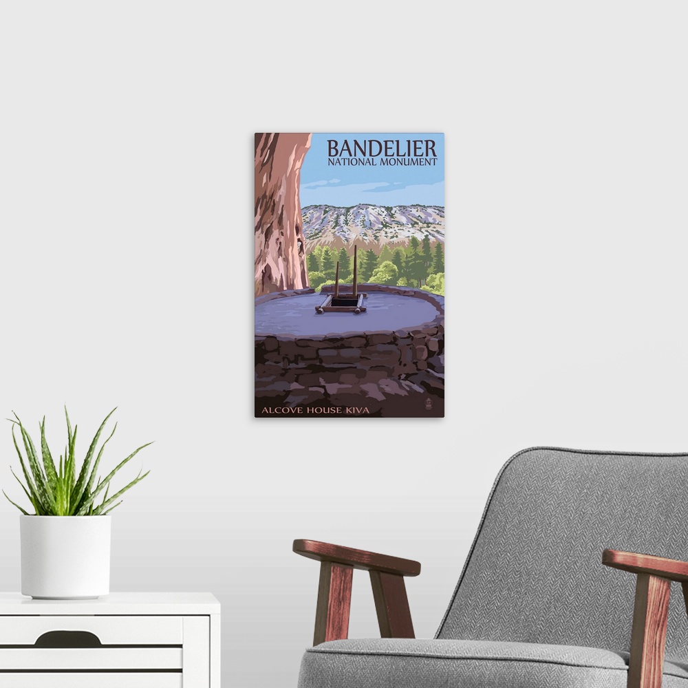 A modern room featuring Bandelier National Monument, New Mexico - Alcove House Kiva: Retro Travel Poster