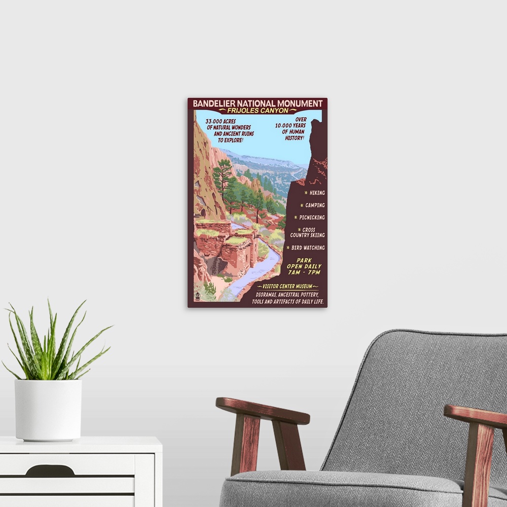 A modern room featuring Bandelier National Monument, New Mexico - Day Scene: Retro Travel Poster