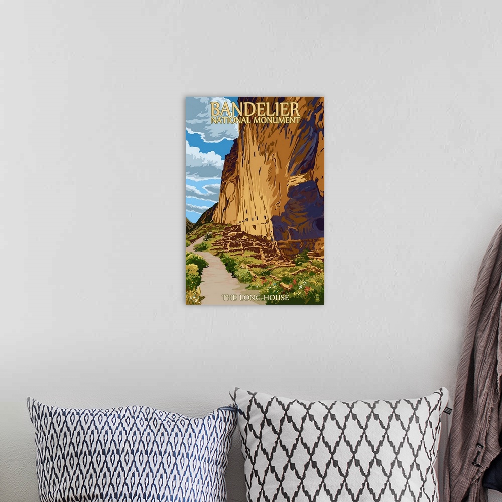 A bohemian room featuring Bandelier National Monument, New Mexico - The Long House: Retro Travel Poster
