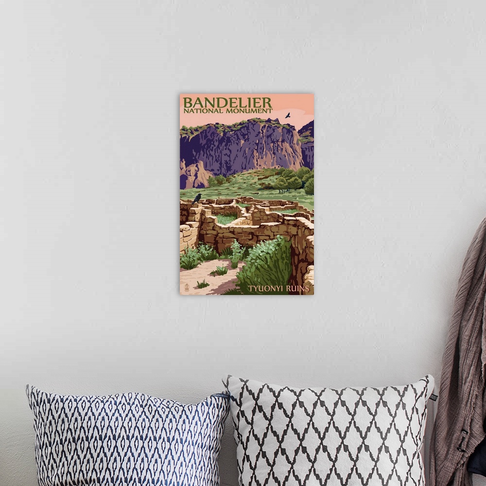 A bohemian room featuring Bandelier National Monument, New Mexico - Tyuonyi Ruins: Retro Travel Poster