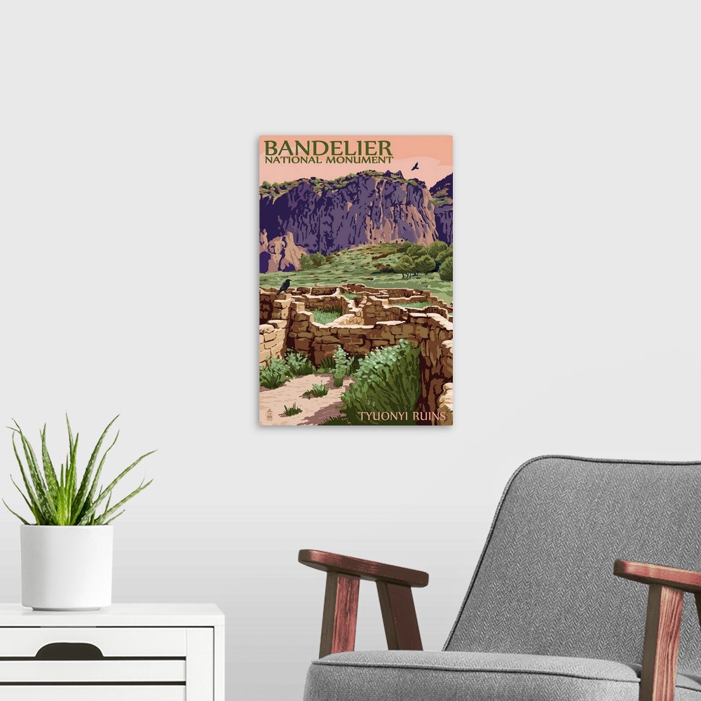 A modern room featuring Bandelier National Monument, New Mexico - Tyuonyi Ruins: Retro Travel Poster